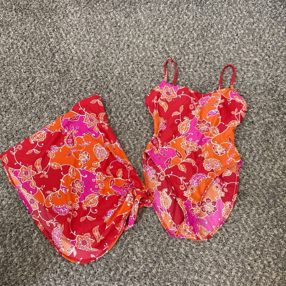 VTG Victoria's Secret One Piece Swimsuit Floral Plus Wrap Size 36C Red Pink - Picture 1 of 5